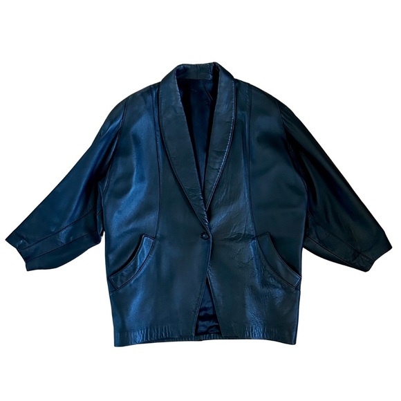 VINTAGE LEATHER BLAZER oversized jacket 100% sheepskin leather black O/S - Picture 2 of 13